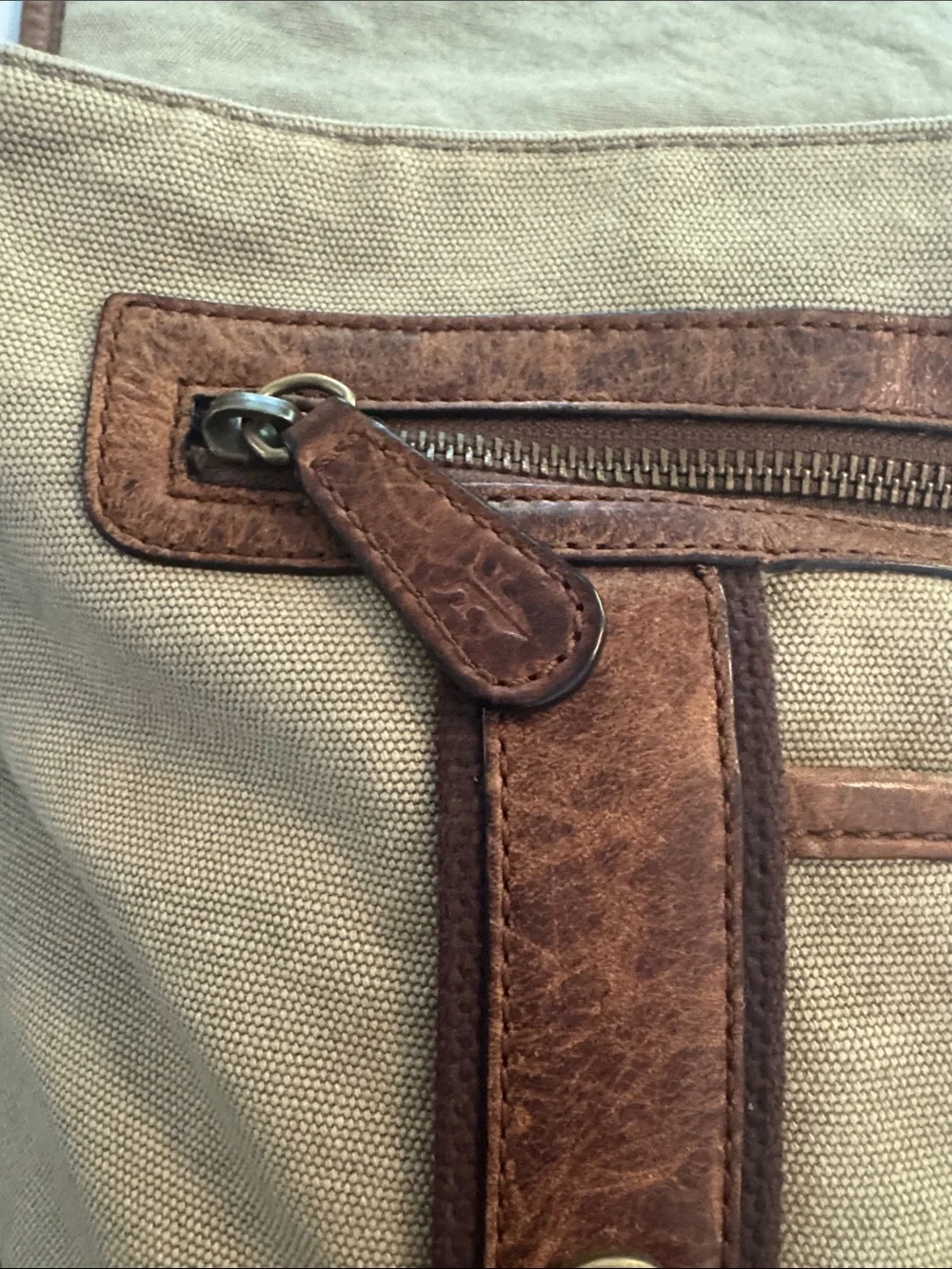 Frye Tan Canvas and Brown Leather Messenger Bag